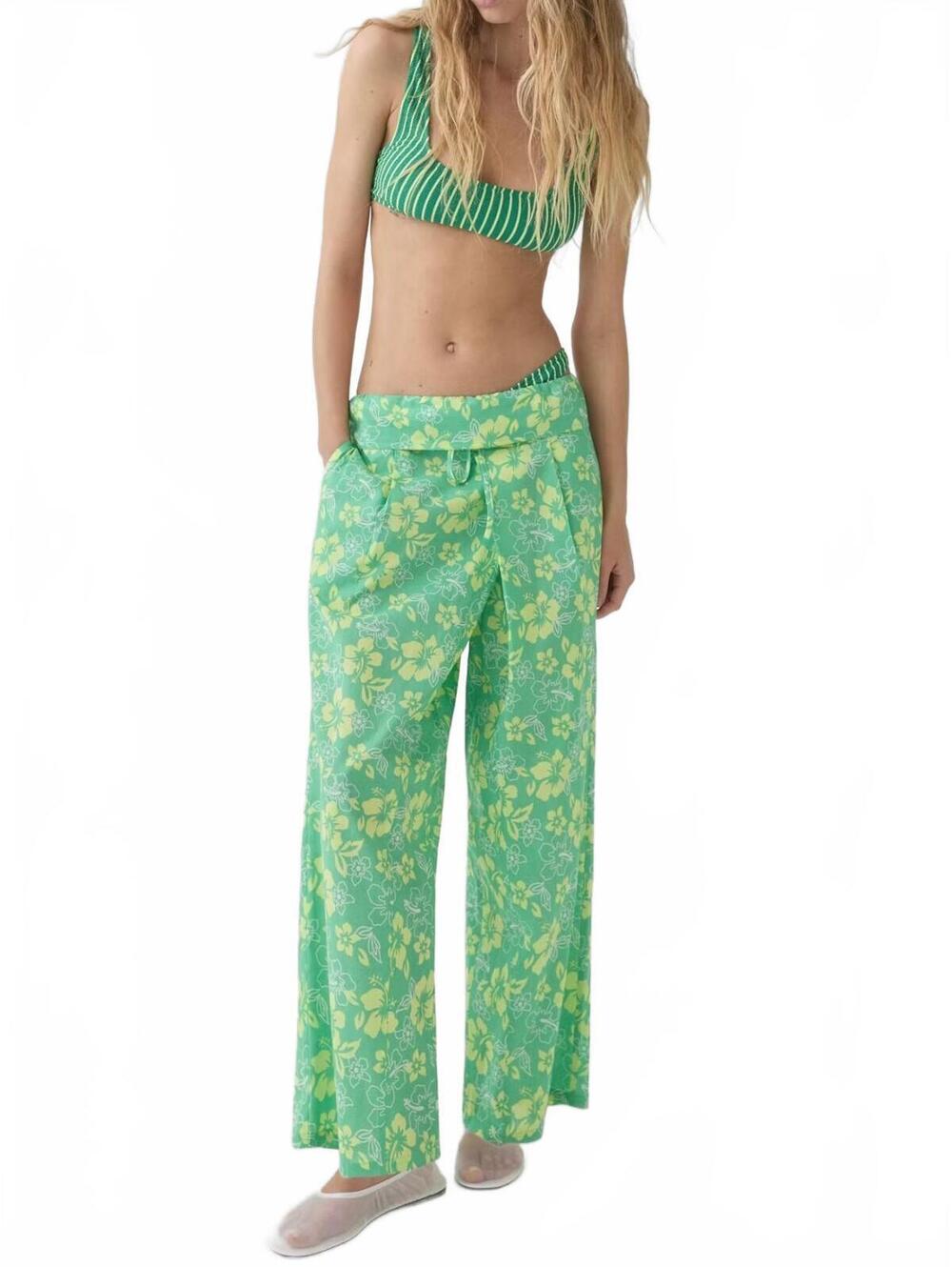 Mango printed trousers with turn-up waist NWT pastel green S